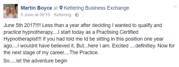 FB post martin boyce hypnotherapy student graduate in practice